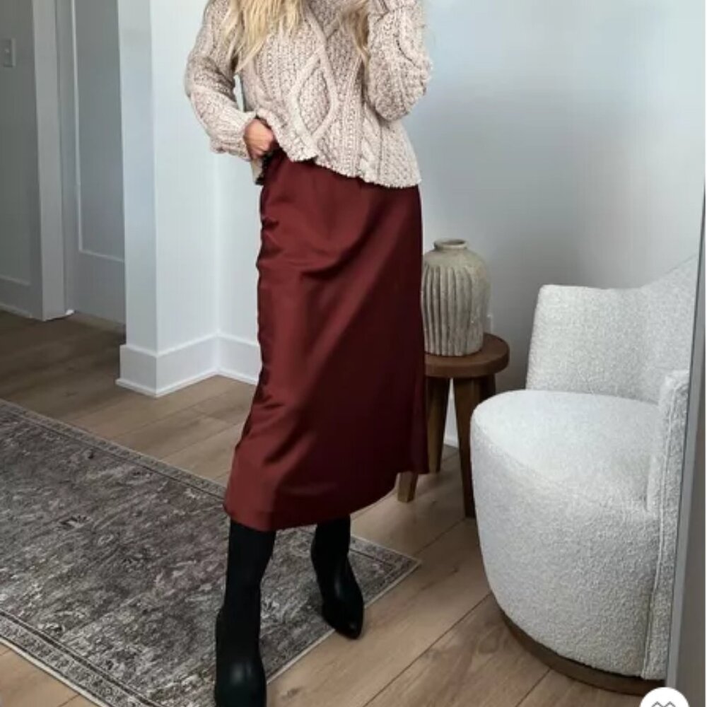NWT Abercrombie & Fitch X Kathleen Post Brown Satin Midi Skirt - S Petite